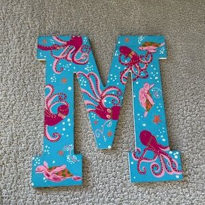 Handpainted wooden letter M Ocean Sea Beach Print Handmade Handcrafted Pink Blue